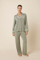 Grace Bamboo PJ Set Olive standing model view, breathable bamboo nightwear with piped collar and chest pocket detail