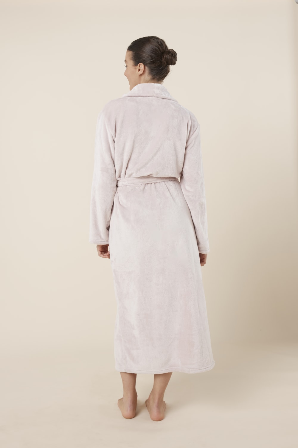 Woman wearing Imogin Pink Plush Robe back view of long plush dressing gown