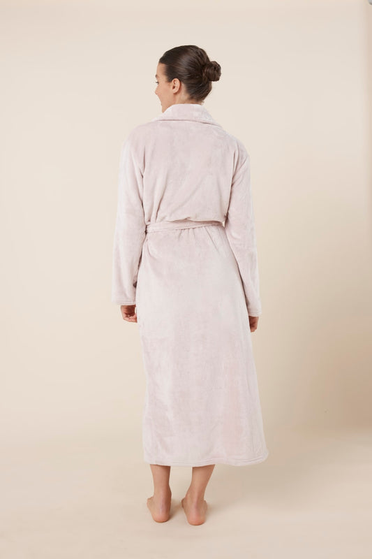 Woman wearing Imogin Pink Plush Robe back view of long plush dressing gown