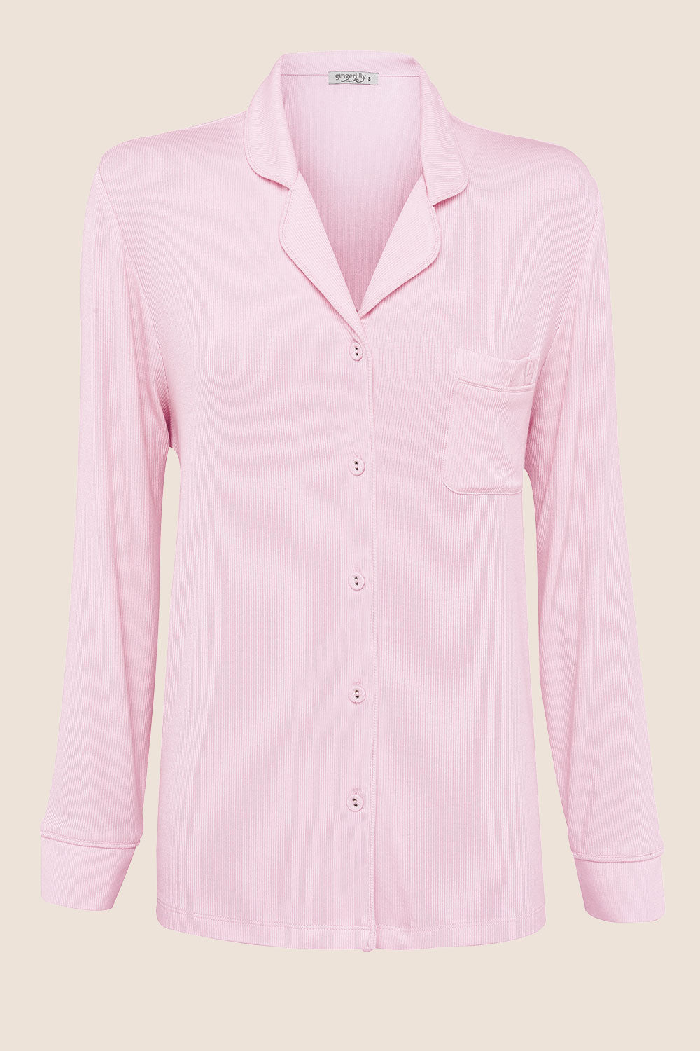 Light pink button-up long sleeve sleepwear top made from soft fabric by Gingerlilly Sleepwear
