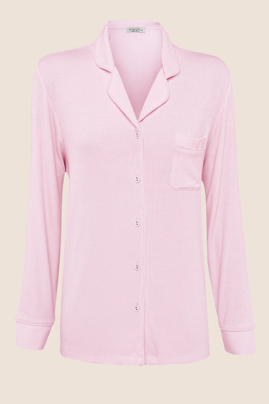 Light pink button-up long sleeve sleepwear top made from soft fabric by Gingerlilly Sleepwear