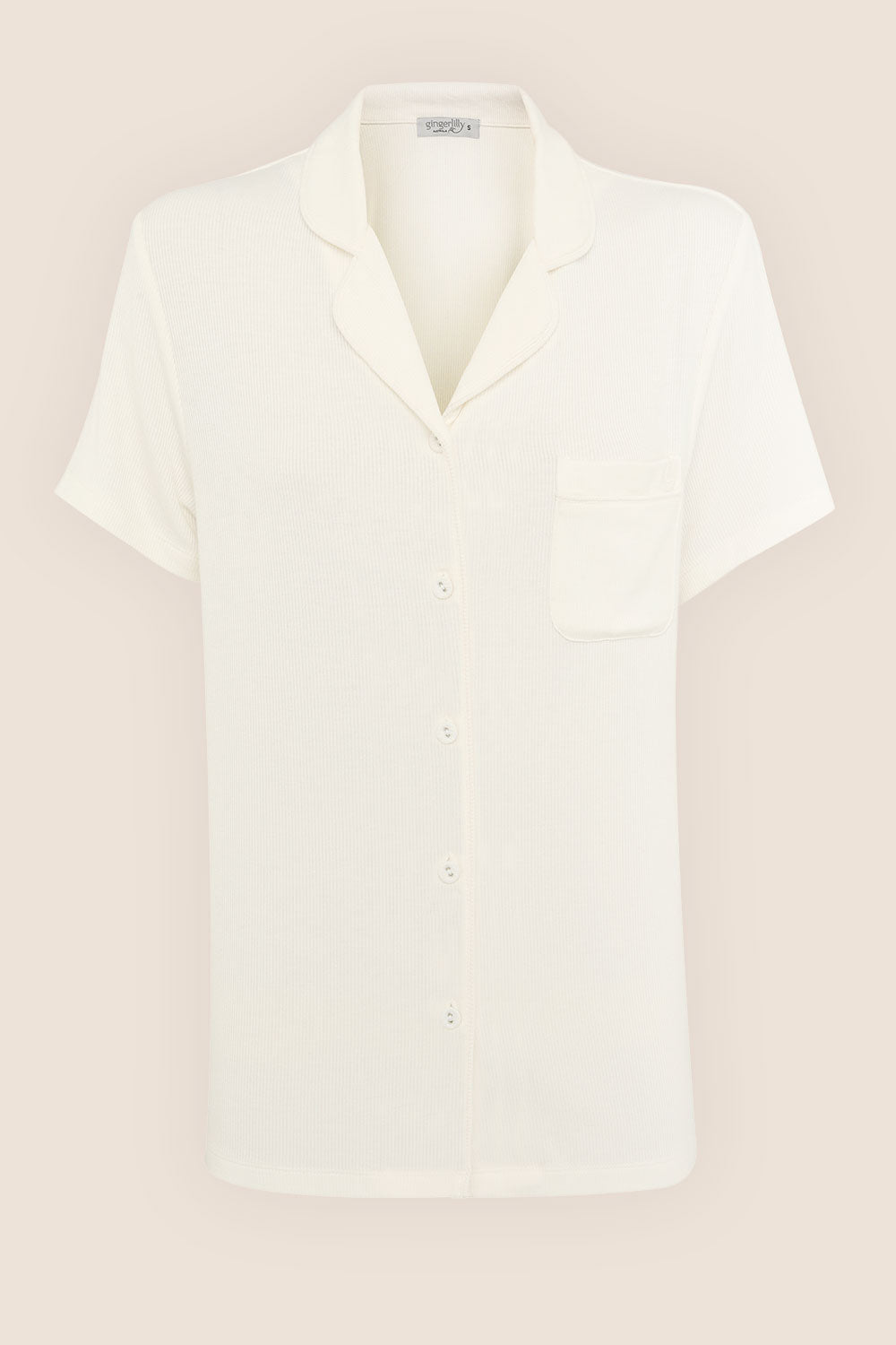 Gingerlilly Lyon Ribbed Short Sleeve Button Up Top - Ecru - Flat lay