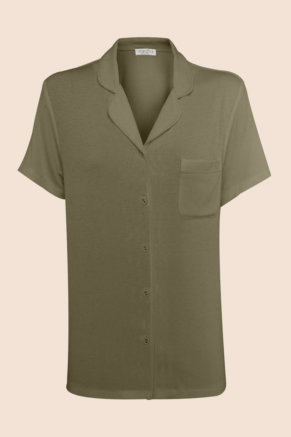 Gingerlilly Lyon Ribbed Short Sleeve Button Up Top - Olive - Flat lay