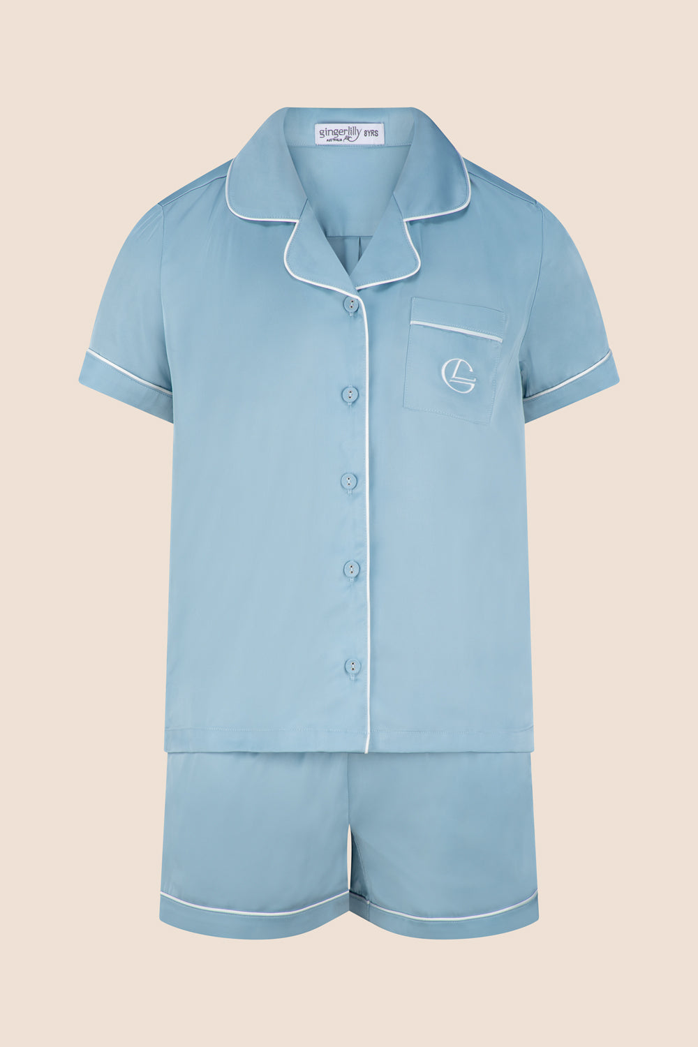 Gingerlilly Mini Sonia Silky Satin Short PJ Set - Blue - Flat lay