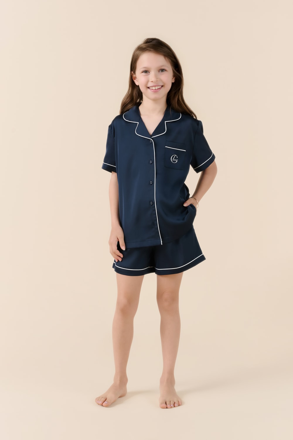 Gingerlilly Mini Sonia Silky Satin Short PJ Set - Navy - Front