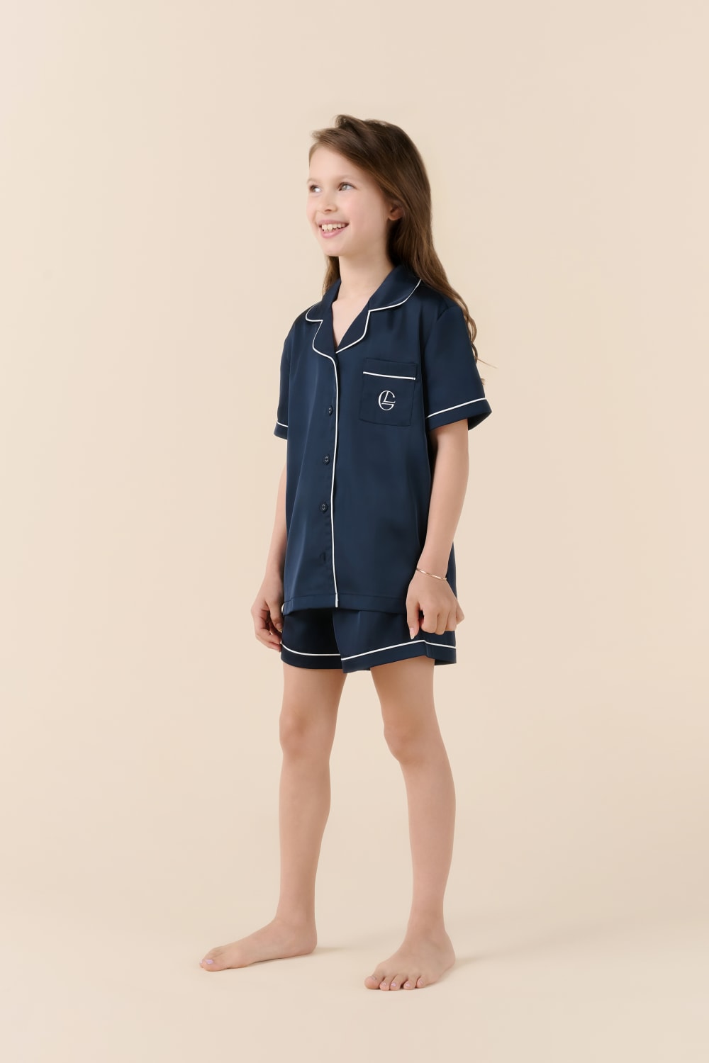 Gingerlilly Mini Sonia Silky Satin Short PJ Set - Navy - Side