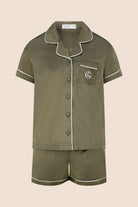 Gingerlilly Mini Sonia Silky Satin Short PJ Set - Olive - Flat lay