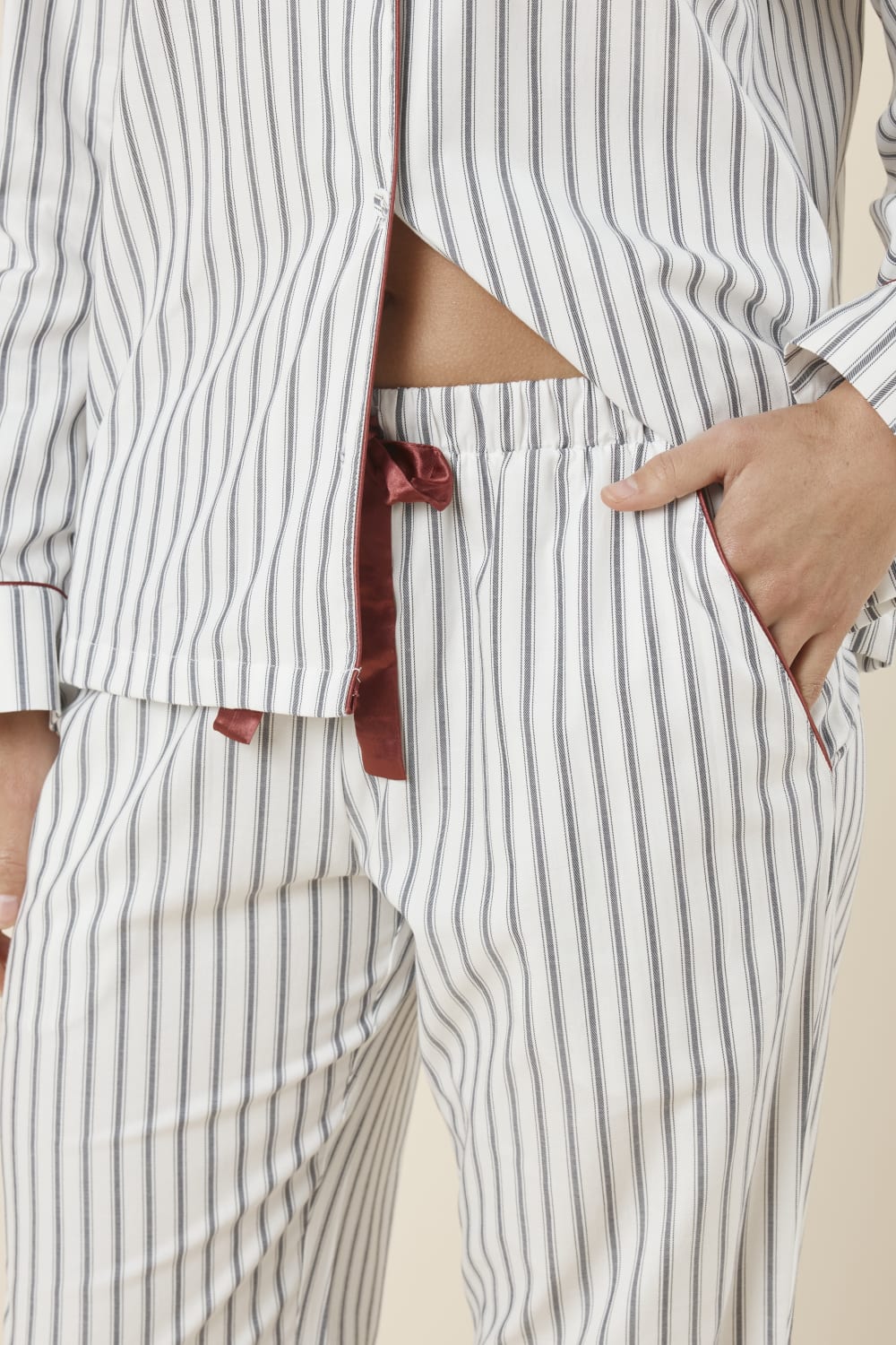 Octavia Cotton Stripe PJ Set close up of elastic waistband with satin ribbon tie and contrast piping trim