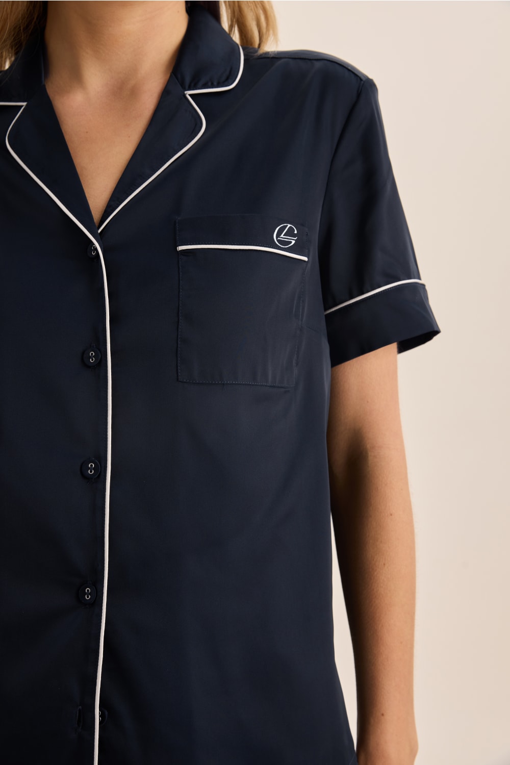 Gingerlilly Sonia Navy Satin Short PJ Set - Detail