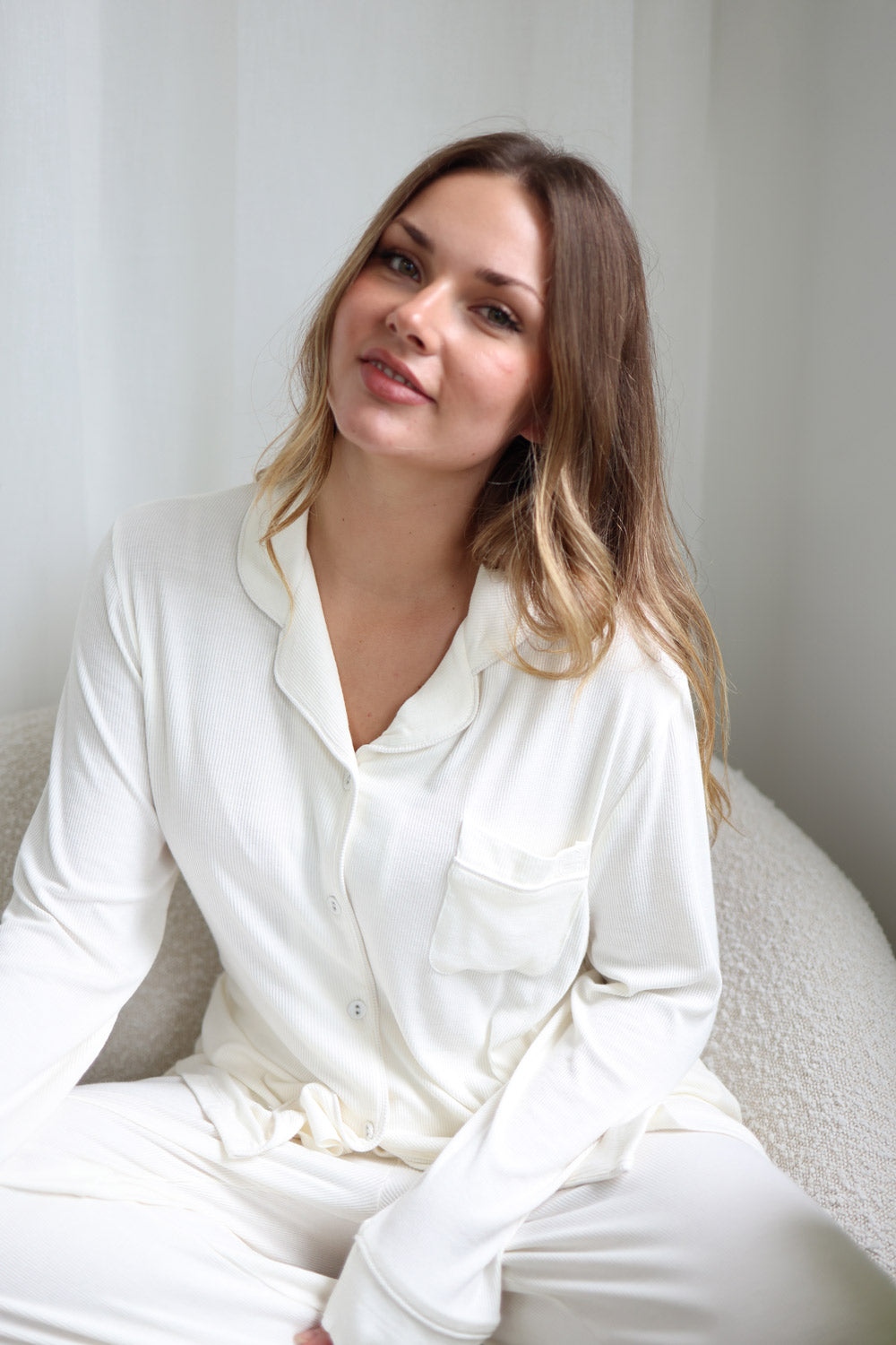 Gingerlilly London Ribbed Long Sleeve Button Up PJ Top - Ecru - Lifestyle