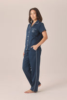 Gingerlilly Camilla Cotton Short Sleeve Long Pant PJ Set - Navy - Side
