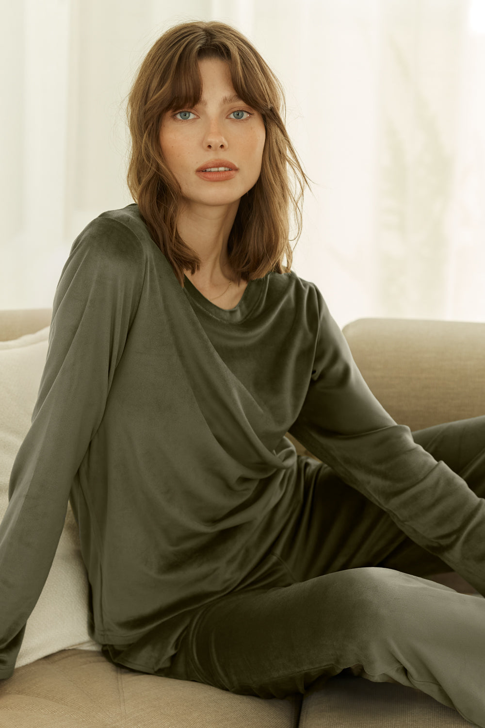 Gingerlilly Thea Velour Long Lounge Set - Olive - Lifestyle