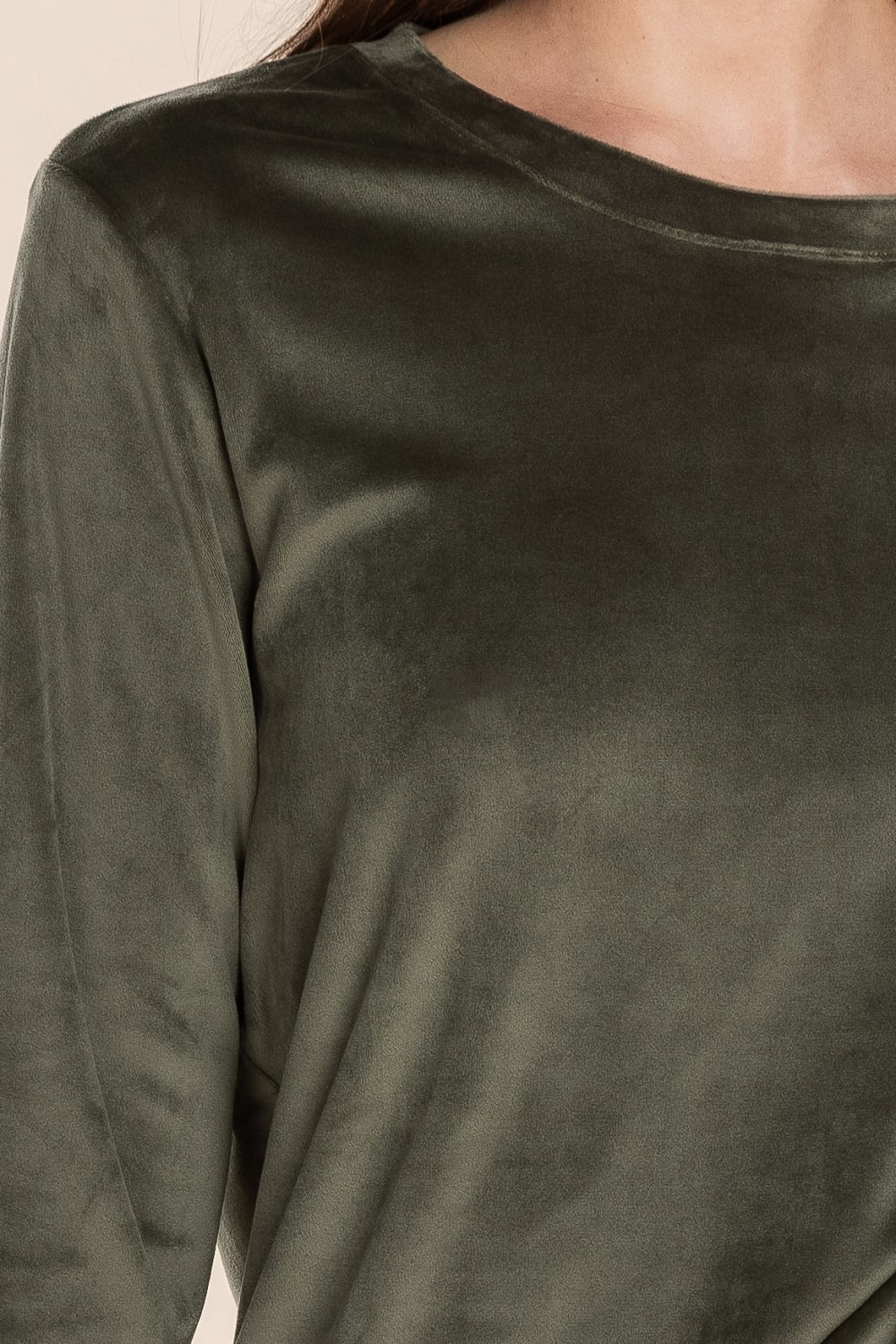 Thea Velour Long Lounge Set Olive close up of soft olive velour fabric showing the smooth texture and elegant drape of the top.