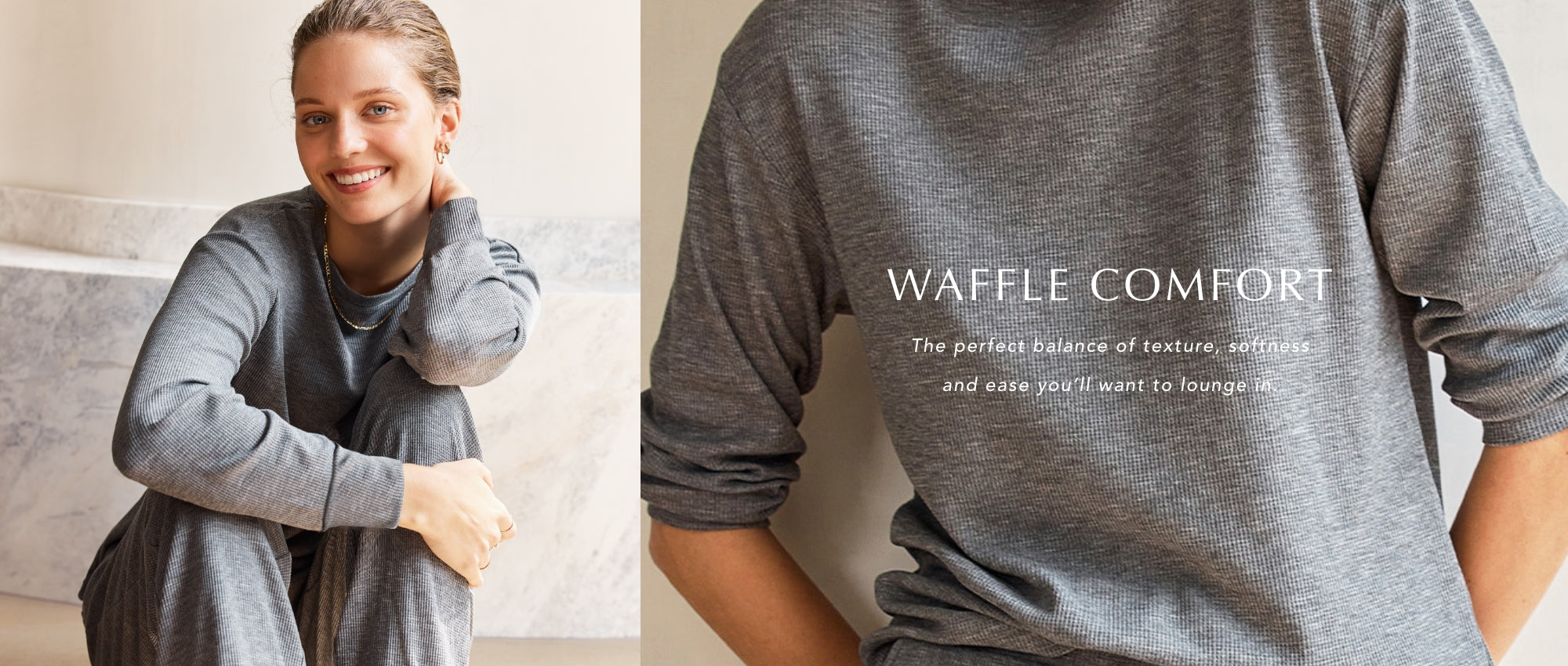 Woman wearing a gray sweatshirt with 'Waffle Comfort' text on a plain background
