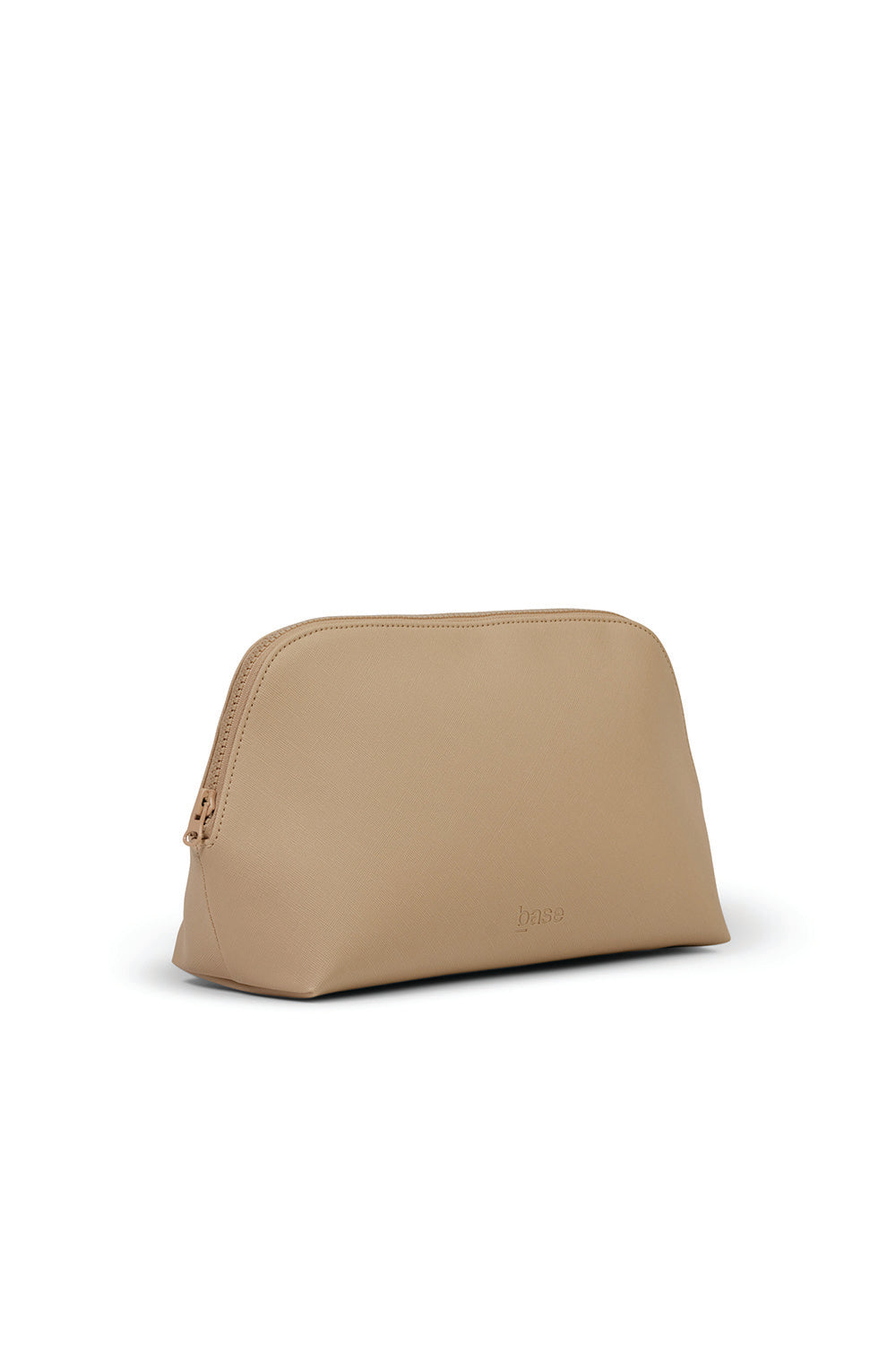 Beige cosmetic pouch with zipper, minimalist design, displayed on white background at Gingerlilly Sleepwear