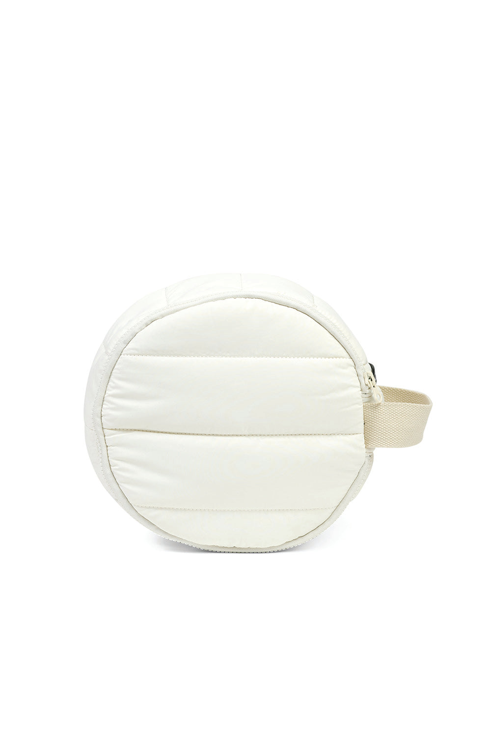 Round quilted white cosmetic bag with beige strap, Gingerlilly Sleepwear accessory
