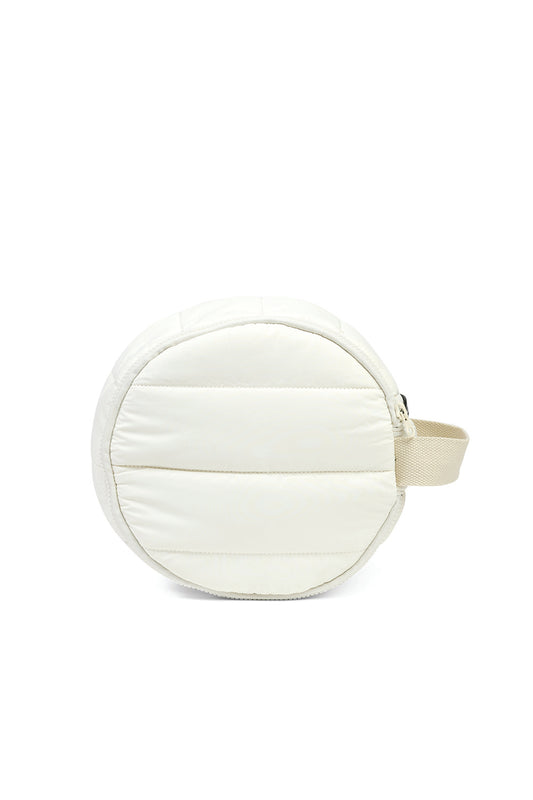 Round quilted white cosmetic bag with beige strap, Gingerlilly Sleepwear accessory
