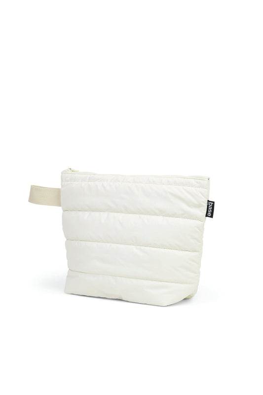 Ecru quilted zip pouch bag with handle, base tag, product photography, Gingerlilly Sleepwear