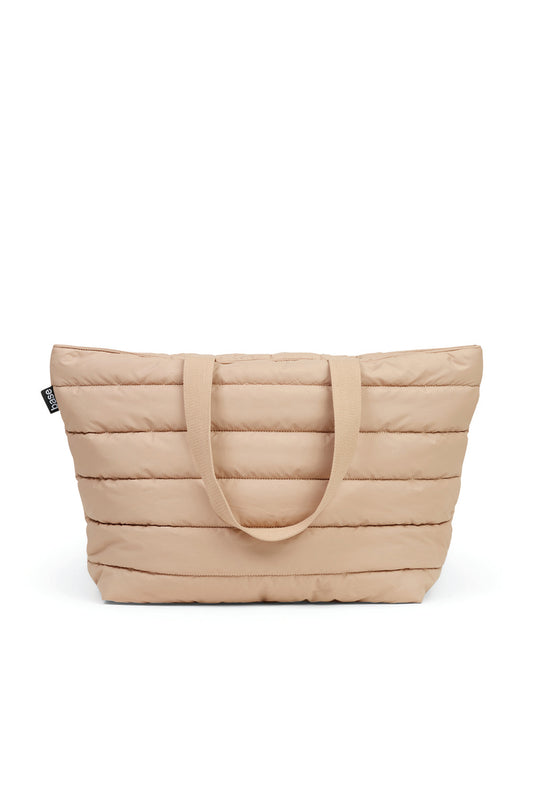Quilted sand-coloured tote bag with fabric handles on white background, Gingerlilly Sleepwear