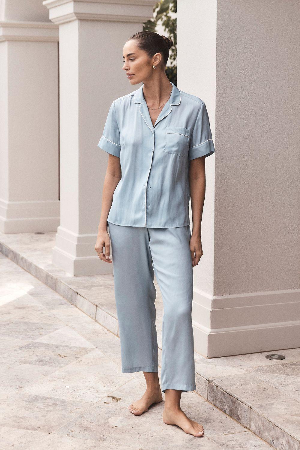 Aileen Blue Satin Crop Pant PJ - Gingerlilly Sleepwear