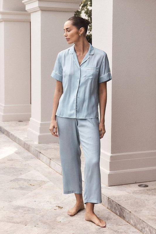 Aileen Blue Satin Crop Pant PJ - Gingerlilly Sleepwear