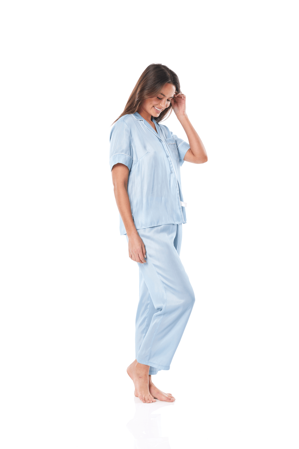 Aileen Blue Satin Crop Pant PJ - Gingerlilly Sleepwear