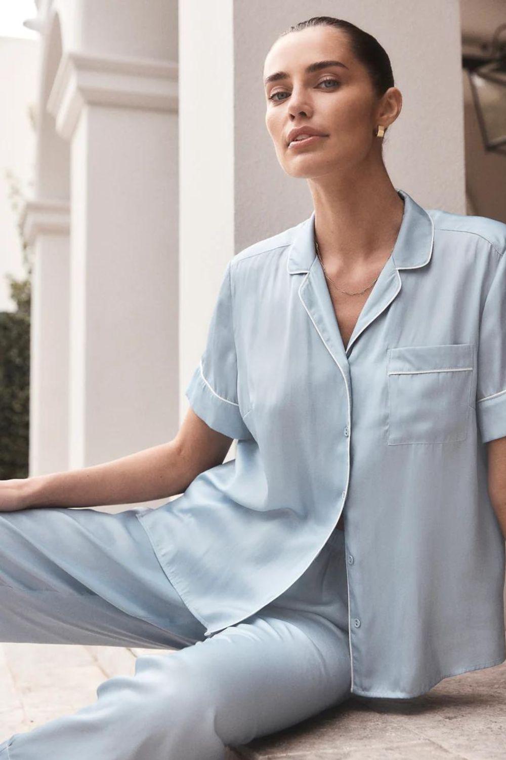 Aileen Blue Satin Crop Pant PJ - Gingerlilly Sleepwear