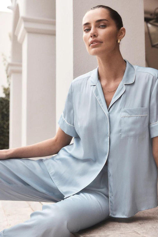 Aileen Blue Satin Crop Pant PJ - Gingerlilly Sleepwear