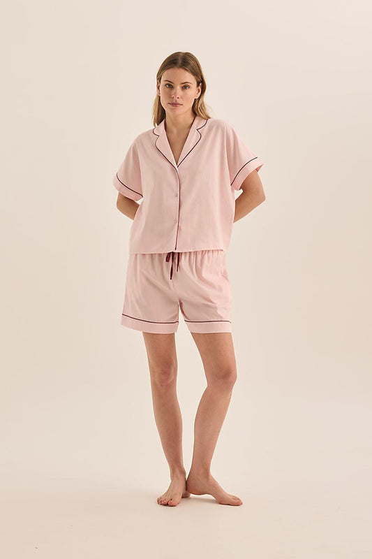 Ariana Pink Double Piping Short Set - Gingerlilly Sleepwear