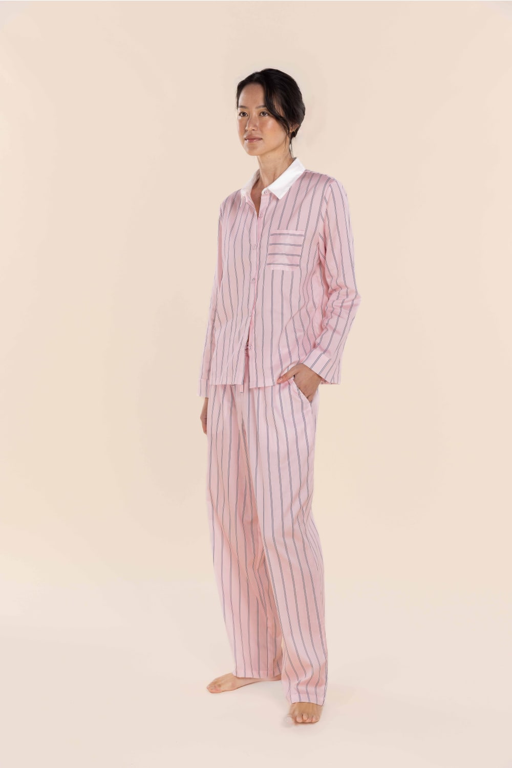 Gingerlilly Belinda Cotton Long PJ Set - Pink Stripe - Side