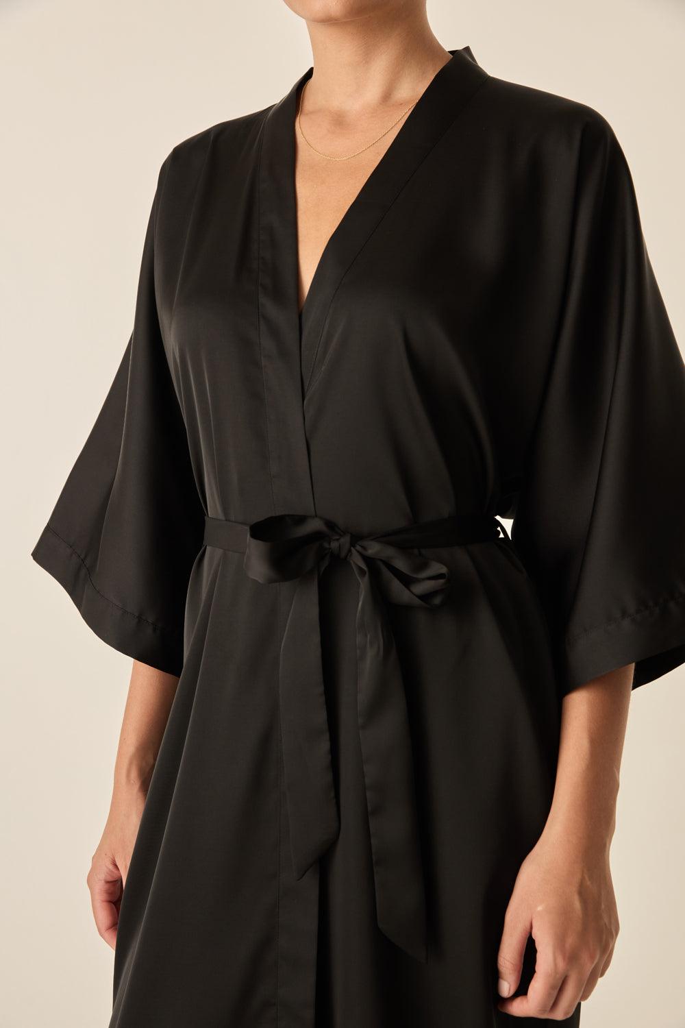 Bethany Black Silky Satin Robe - Gingerlilly Sleepwear