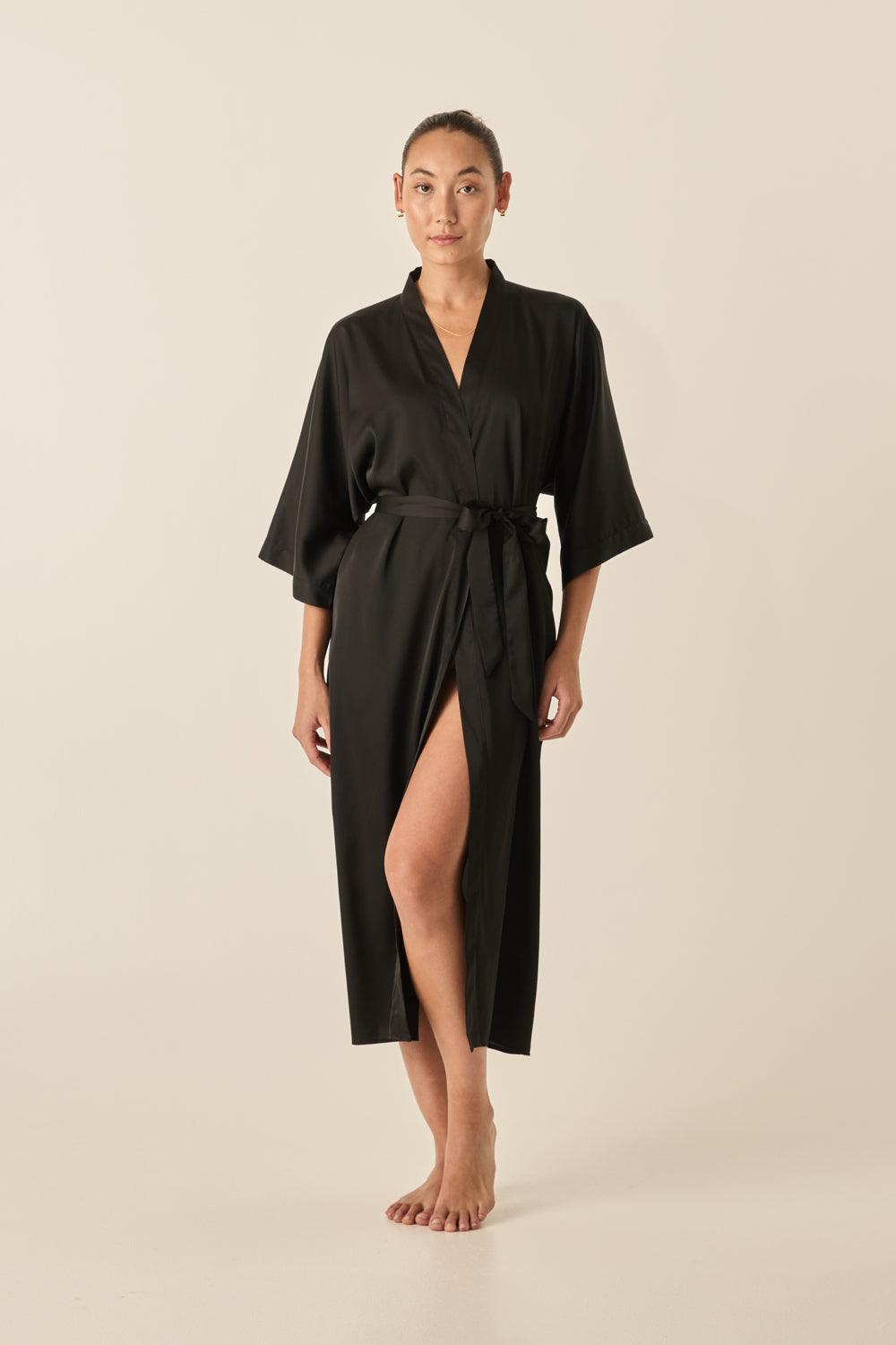 Bethany Black Silky Satin Robe - Gingerlilly Sleepwear