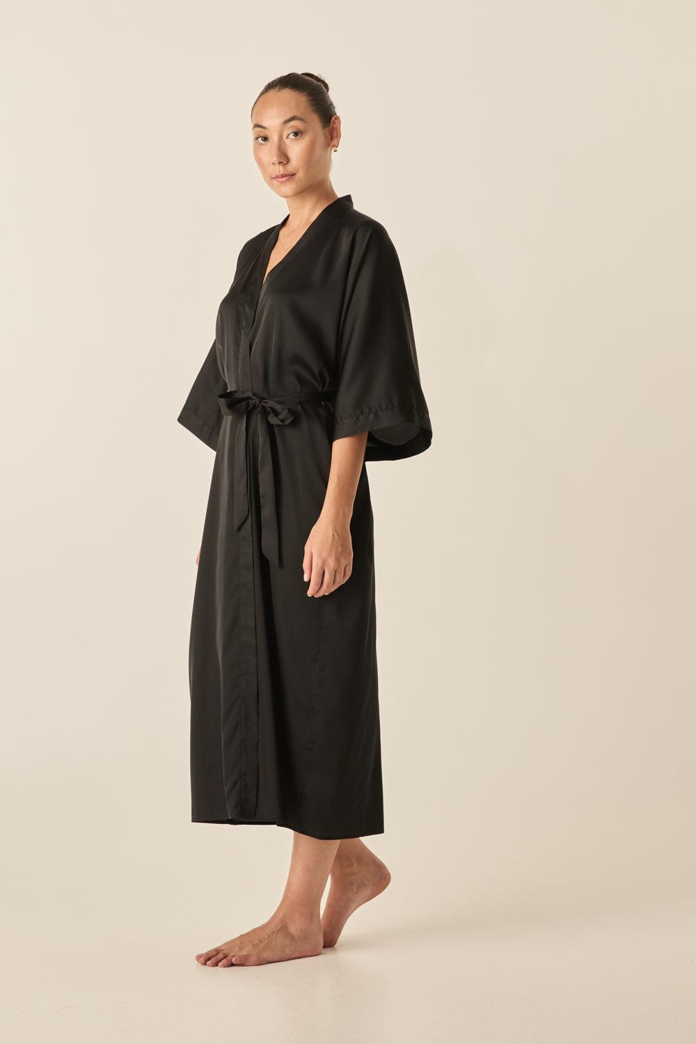 Bethany Black Silky Satin Robe - Gingerlilly Sleepwear