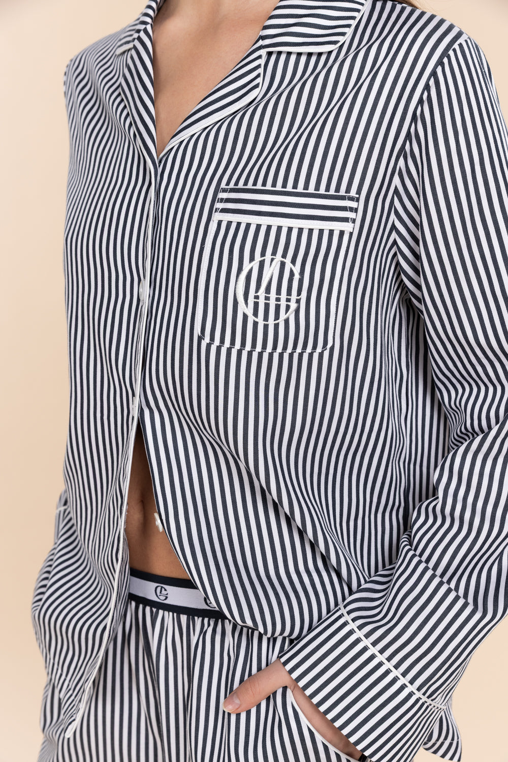 Gingerlilly Susanna Cotton Long PJ Set - Navy Stripe - Detail