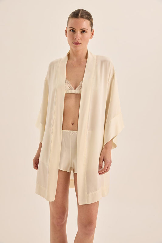 Diamond Pure Silk Ivory Short Robe - Gingerlilly Sleepwear