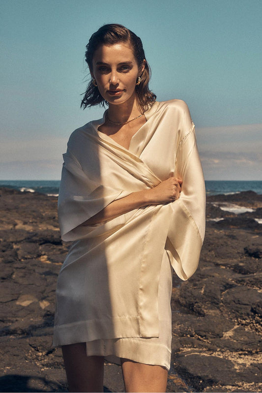 Diamond Pure Silk Ivory Short Robe - Gingerlilly Sleepwear