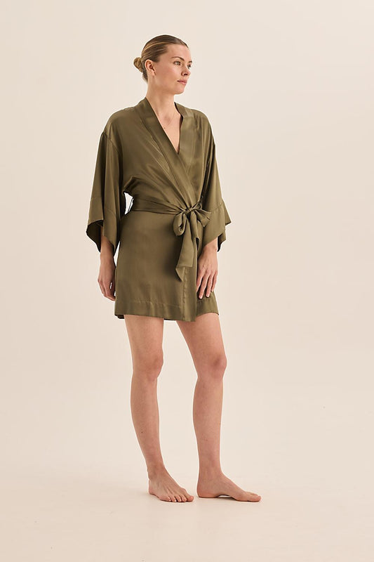 Diamond Pure Silk Olive Short Robe - Gingerlilly Sleepwear