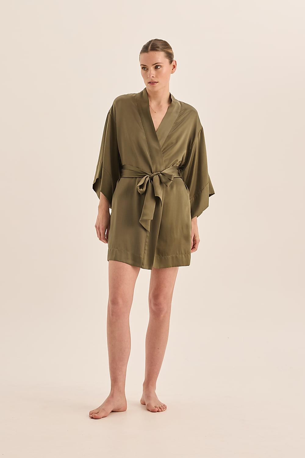 Diamond Pure Silk Olive Short Robe - Gingerlilly Sleepwear
