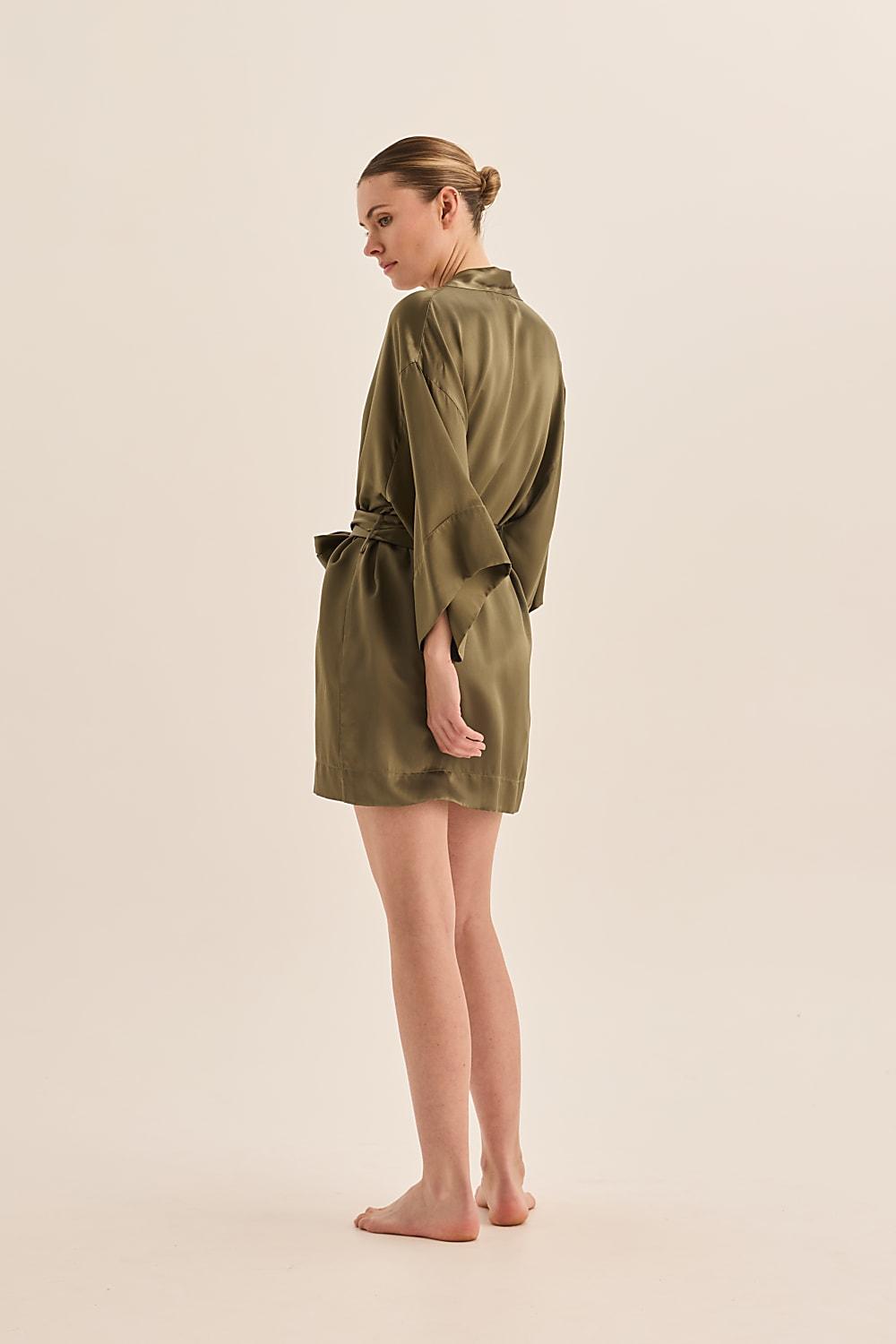 Diamond Pure Silk Olive Short Robe - Gingerlilly Sleepwear