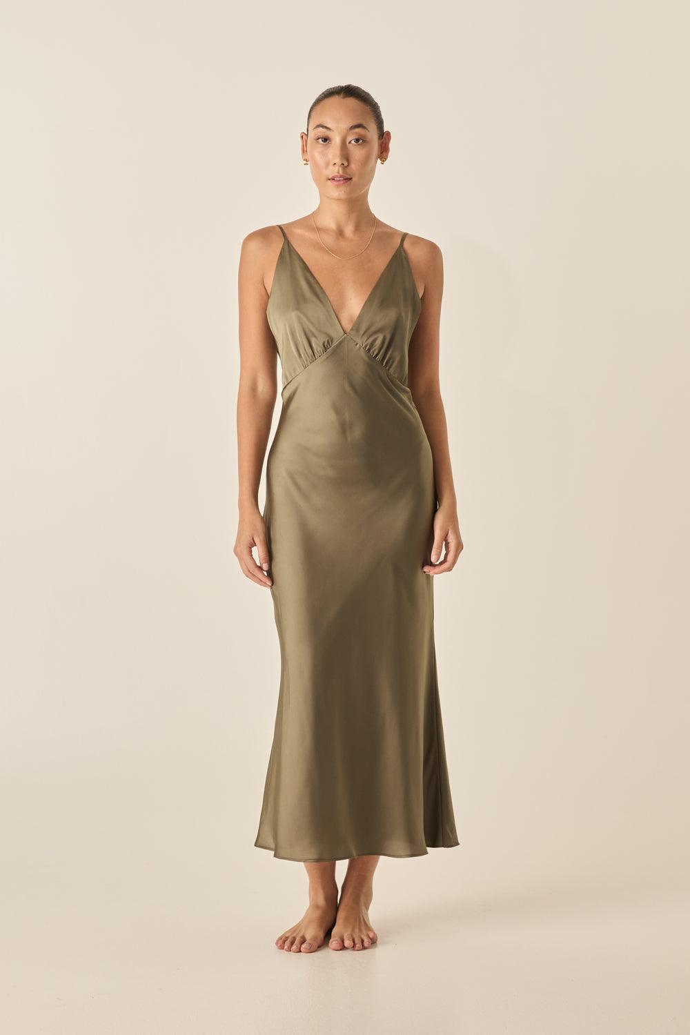 Gingerlilly Fern Olive Silky Satin Long Chemise - Front