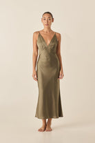 Gingerlilly Fern Olive Silky Satin Long Chemise - Front