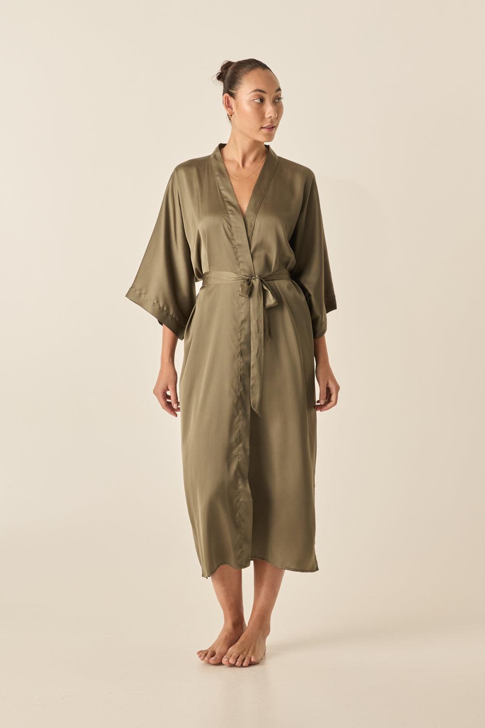 Gingerlilly Florence Olive Satin Robe - Front