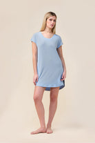 Woman wearing the Ashley Bamboo Sleep Tee in Blue, front view