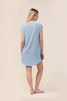 Woman wearing the Ashley Bamboo Sleep Tee in Blue, back view
