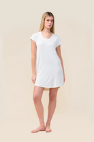 Woman wearing the Ashley Bamboo Sleep Tee in Ecru, front view