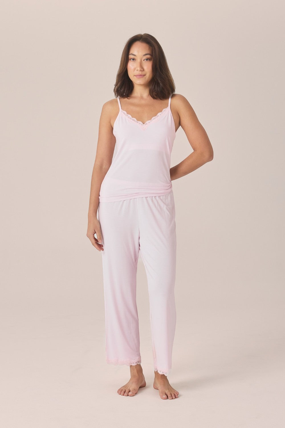 Gingerlilly Britt Bamboo Lace Cami Long PJ Set - Pink - Front