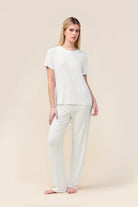 Woman wearing the Bronte Bamboo T-Shirt with Stripe in Ecru, front view