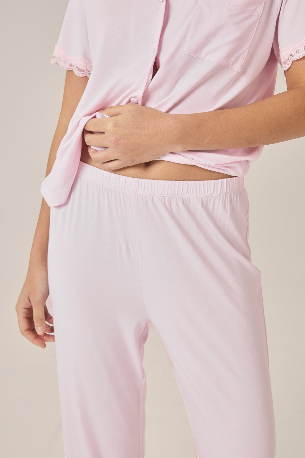 Gingerlilly Dianne Bamboo Long PJ Set with Lace - Pink - Detail