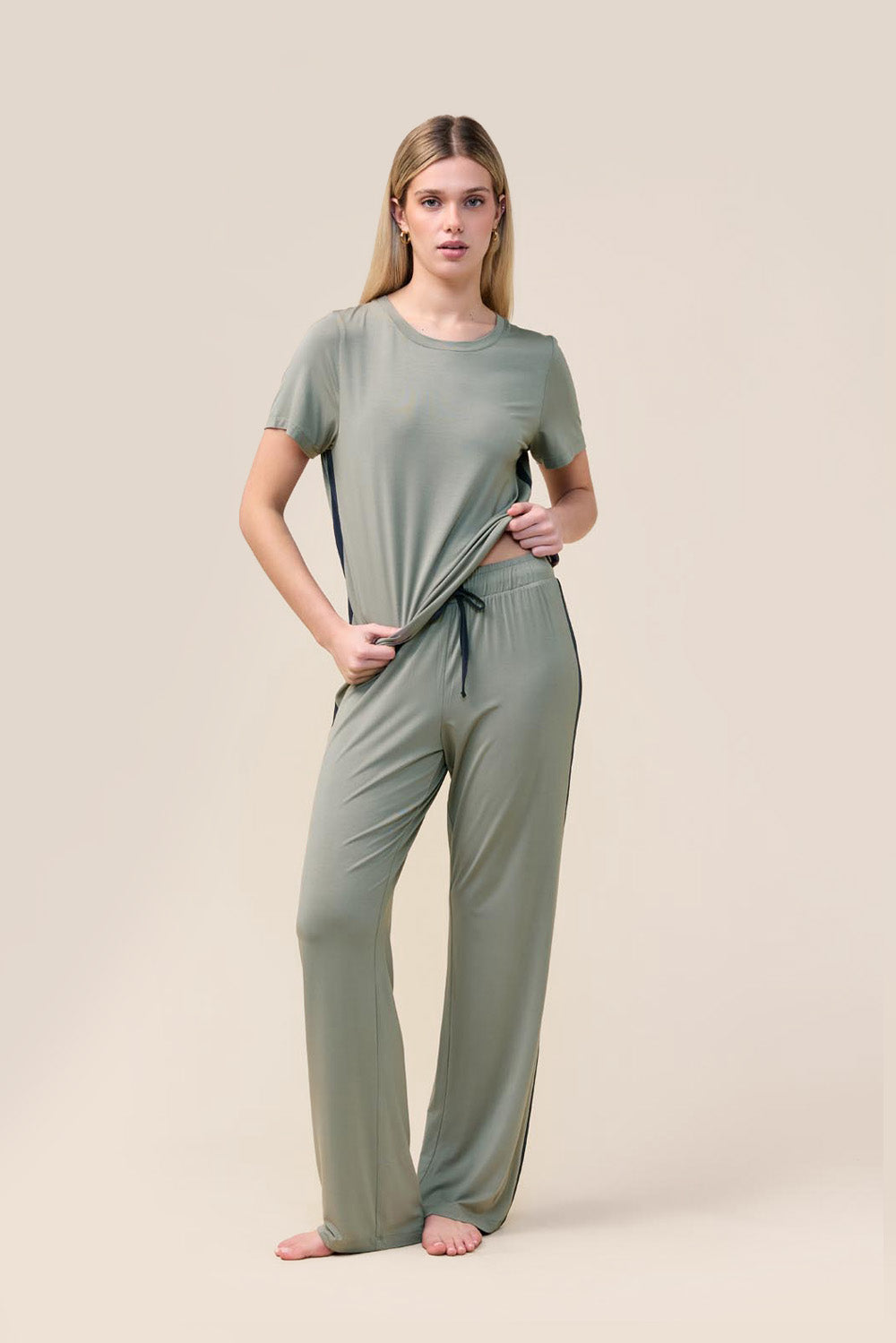 Gingerlilly Inez Bamboo Pant with Stripe - Olive - Front alt