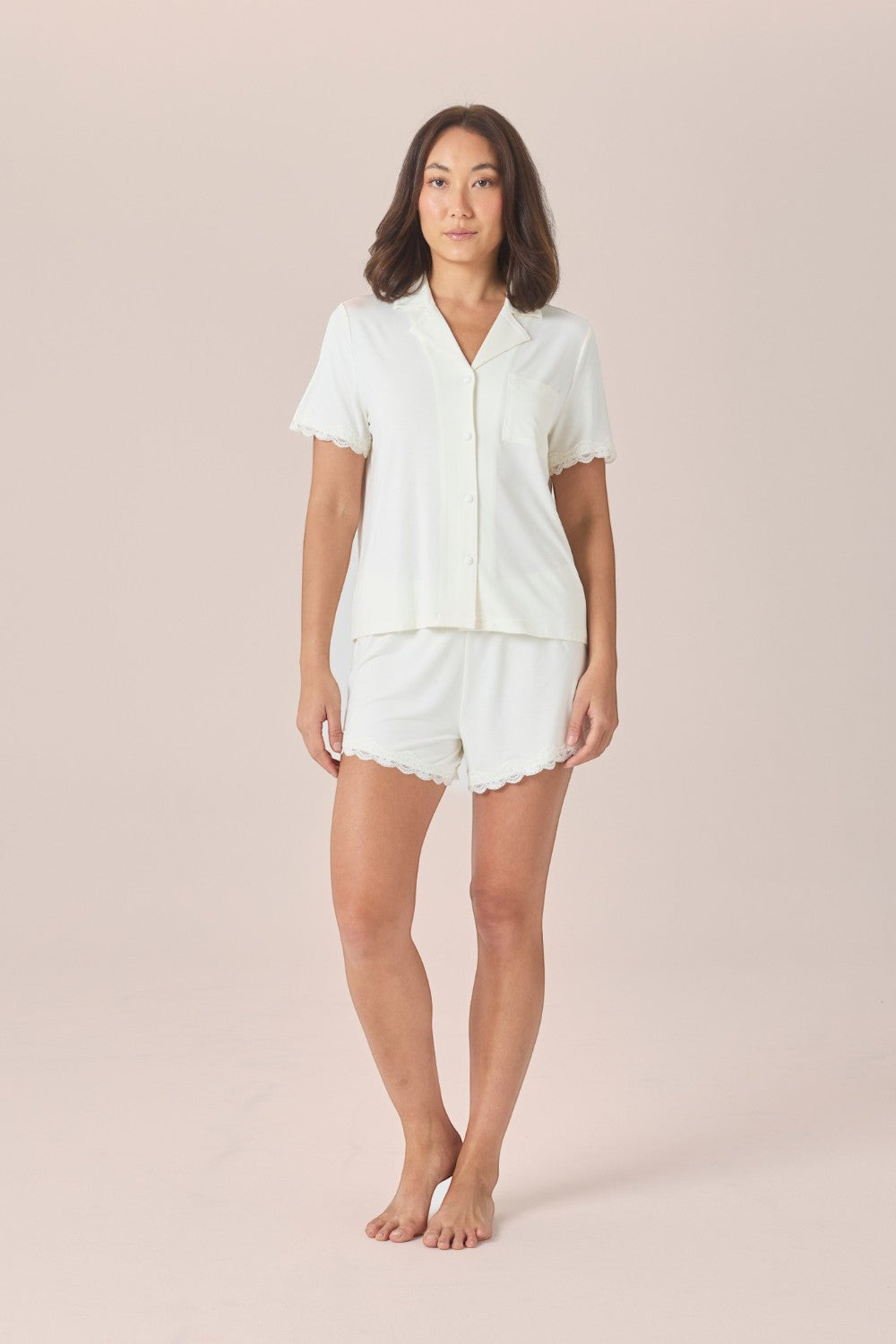 Gingerlilly Joni Bamboo Short Set with Lace - Ecru - Front